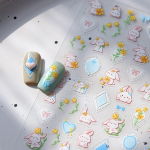 5D embossed nail stickers with cute white rabbits and flowers on clear backing