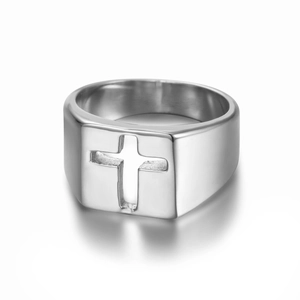 Minimalist silver stainless steel ring featuring a cutout cross design on white background