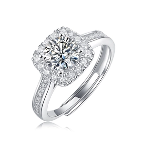 Silver adjustable moissanite ring with round center stone and square halo setting