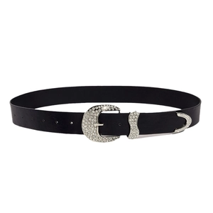 Vintage black leather belt for women featuring sparkling rhinestone buckle and silver accents