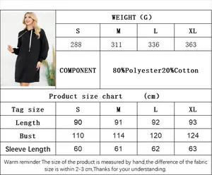 Size chart and fabric details for women's drawstring hooded sweatshirt dress