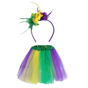 Mardi Gras purple feather headband and multi-color tulle tutu skirt carnival costume set