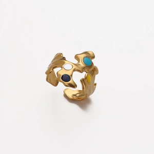 Artistic cutout gold plated ring with colorful enamel dots and adjustable band