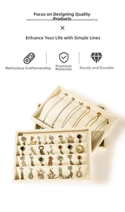 Detail view of beige velvet jewelry organizer trays with ring slots and necklace hooks