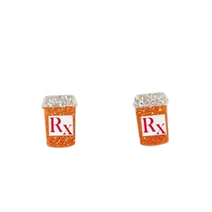 Glittering orange Rx medicine bottle earrings for medical gift on white background