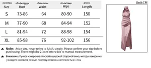 Size chart for halter sleeveless satin evening gown with thigh-high slit details