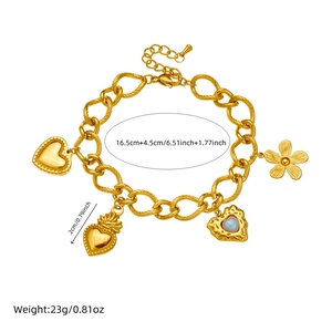 Gold-plated stainless steel chain bracelet with heart and flower charms for women