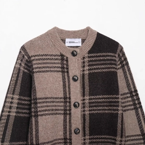 Women's plaid knit cardigan featuring a round neck and classic brown-black checkered pattern