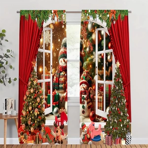 Detail of Christmas window curtains with festive snowman and tree print on polyester fabric