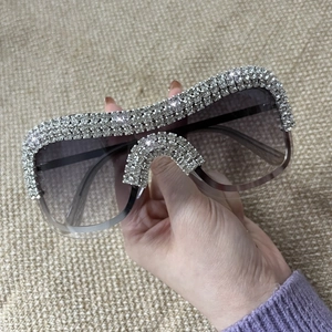Oversized silver metal frame punk sunglasses with luxury rhinestones and gradient lenses