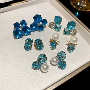 Geometric Blue Crystal Faux Artificial Pearl Stud Earrings With 925 Sterling Silver Earring Post 18K Gold Plated Luxury For Women