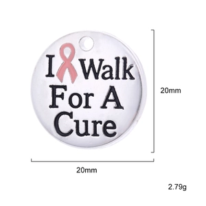 Detail of 20mm silver charm with pink ribbon and I Walk For A Cure text engraving