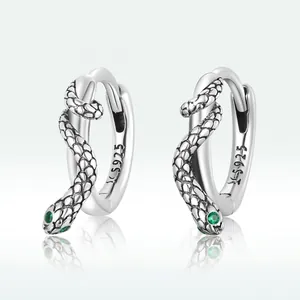 Sterling silver 925 snake hoop earrings with green zircon eyes and textured scale detail