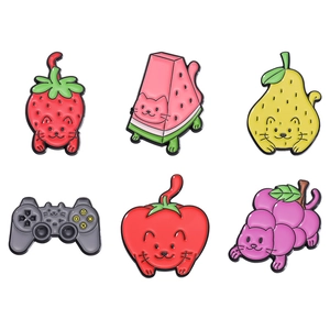 Set of 6 cute enamel pins featuring cats mixed with fruit and game console shapes