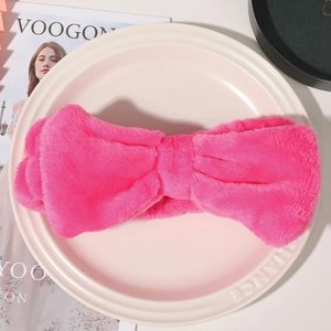 Rose red coral fleece headband with large bowknot for washing face and skincare