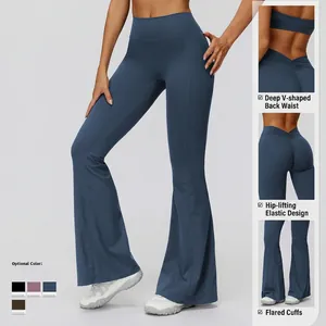 High-waist flared yoga pants in navy blue with V-shape back and scrunch butt design