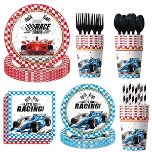 Racing car themed party tableware set with checkered plates, cups and napkins