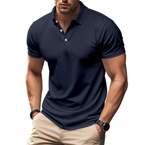 Detail of navy blue men's polo shirt with buttoned collar and high-quality fabric texture