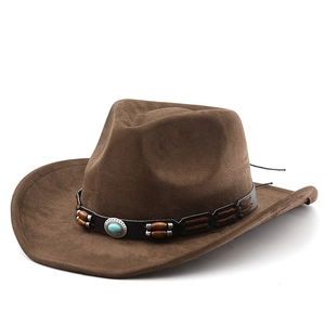 Dark brown faux suede cowboy hat with ethnic beads and turquoise stone on white background