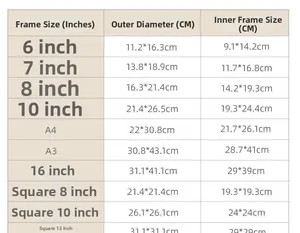 Detailed size chart for decorative shadow box frames showing inner and outer dimensions