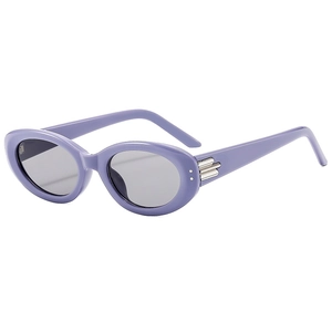 Retro oval lavender sunglasses with grey lenses and silver metal temple accents