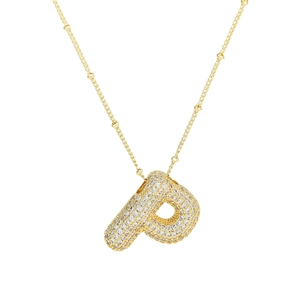 Chubby bubble letter P pendant necklace in brass with sparkling zircon inlay for women