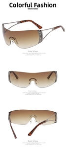 Drei Ansichten der randlosen Y2K-Shield-Sonnenbrille mit Stern-Strass und braunem Glas