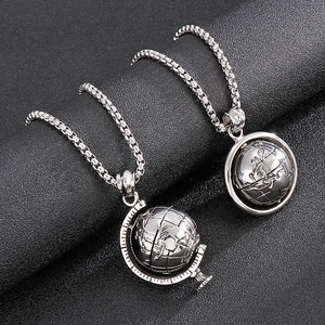 Rotating globe pendant necklace in silver stainless steel with box chain for men