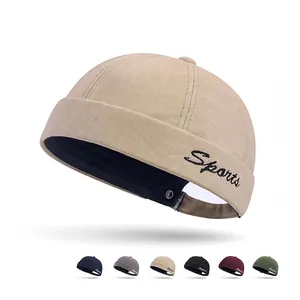 Vintage Cotton Docker Hat Brimless Cap With Sports Embroidery Adjustable Retro Streetwear Miki Hat For Men Women