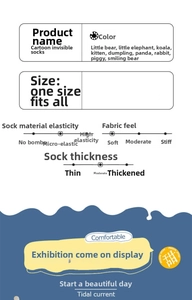 Size guide for cartoon invisible socks showing soft fabric and moderate thickness