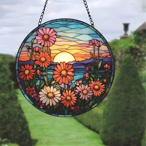Detailed close-up of a circular flower field suncatcher with a hanging chain