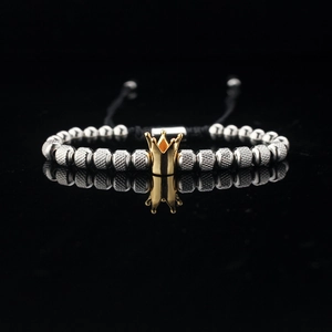 Men's hip hop bracelet with gold crown charm and textured silver beads on black cord