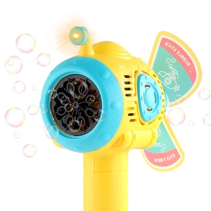 Submarine-shaped yellow bubble gun toy with blue accents and glowing periscope light