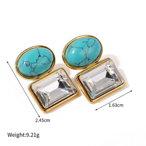 Detailed dimensions of gold vintage earrings with blue turquoise and clear crystals