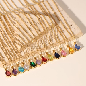 18K gold plated stainless steel necklaces with colorful teardrop birthstone pendants