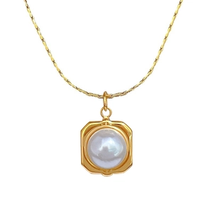 Minimalist gold titanium necklace featuring a square pendant with a white pearl inlay