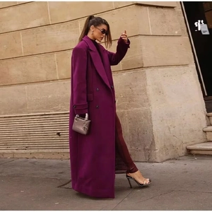 Manteau Long En Laine Pour Femmes Rouge Violacé Double Boutonnage Revers À Encoche Élégant Automne Hiver Streetwear Longueur Cheville
