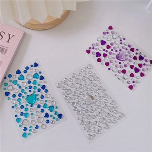 DIY colorful crystal gem stickers in heart and round shapes for girl decoration, 3 sheets