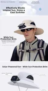 Detail of outdoor sun hat featuring 9.5cm wide brim and integrated solar-powered fan