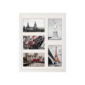 Detail of a white 5-opening collage photo frame with modern wide border design