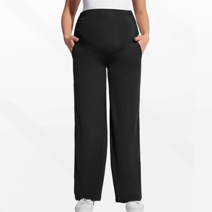 Casual black high-waisted maternity wide-leg trousers with elastic belly support band