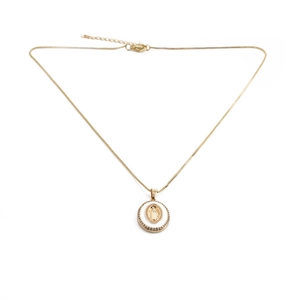 Gold plated portrait necklace with a round Virgin Mary pendant on white background