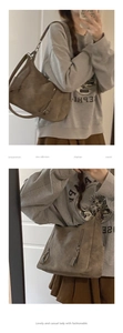 Brown faux suede tote bag shown in a mirror selfie for a casual daily outfit
