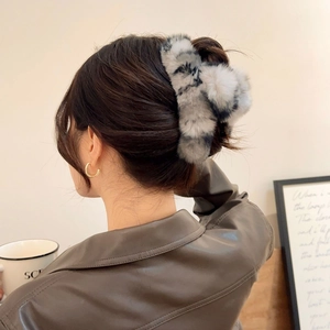Faux rabbit fur leopard print large hair claw clip for elegant bun hairstyles