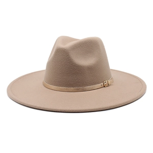 Close-up of khaki wool fedora hat with a flat brim and leather band with metal buckle