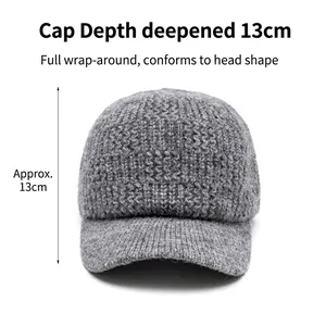 Women's warm grey chunky knit baseball cap with 13cm depth for full coverage