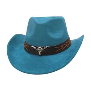 Detail of turquoise suede cowboy hat with brown leather band and silver bull head emblem