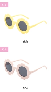 Detail view of sunflower shaped frames in yellow and pink colors for kids sunglasses