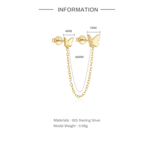 Macro view of S925 sterling silver butterfly earrings with chain length details