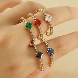 Geometric Square Zircon Ring Stainless Steel 18K Gold Plated Adjustable Open Finger Ring Fashion Jewelry For Women